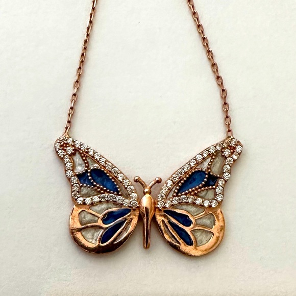 925 Silver butterfly necklace cz stones handmade enamel 14k rose